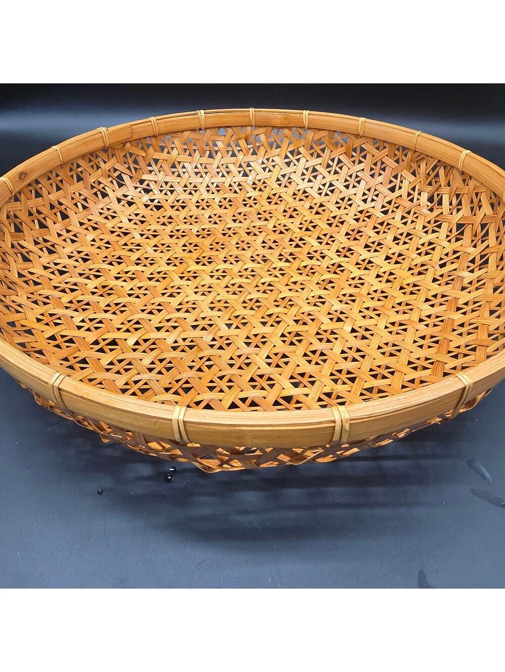 Vintage Japanese Handwoven Bamboo Basket Mutsume Ami Hexagonal Round Tray 16.5